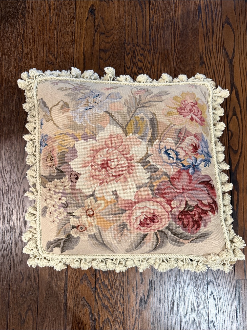 Floral Needlepoint Accent Pillow in Pink and Cream with Tassel Trim
